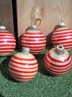 5 Vintage Shiny Brite 2 1/4" White Red Pink Stripe Christmas Ball Ornaments